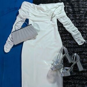 White off-the-shoulder midi dress with ruching details and stretchy fabric